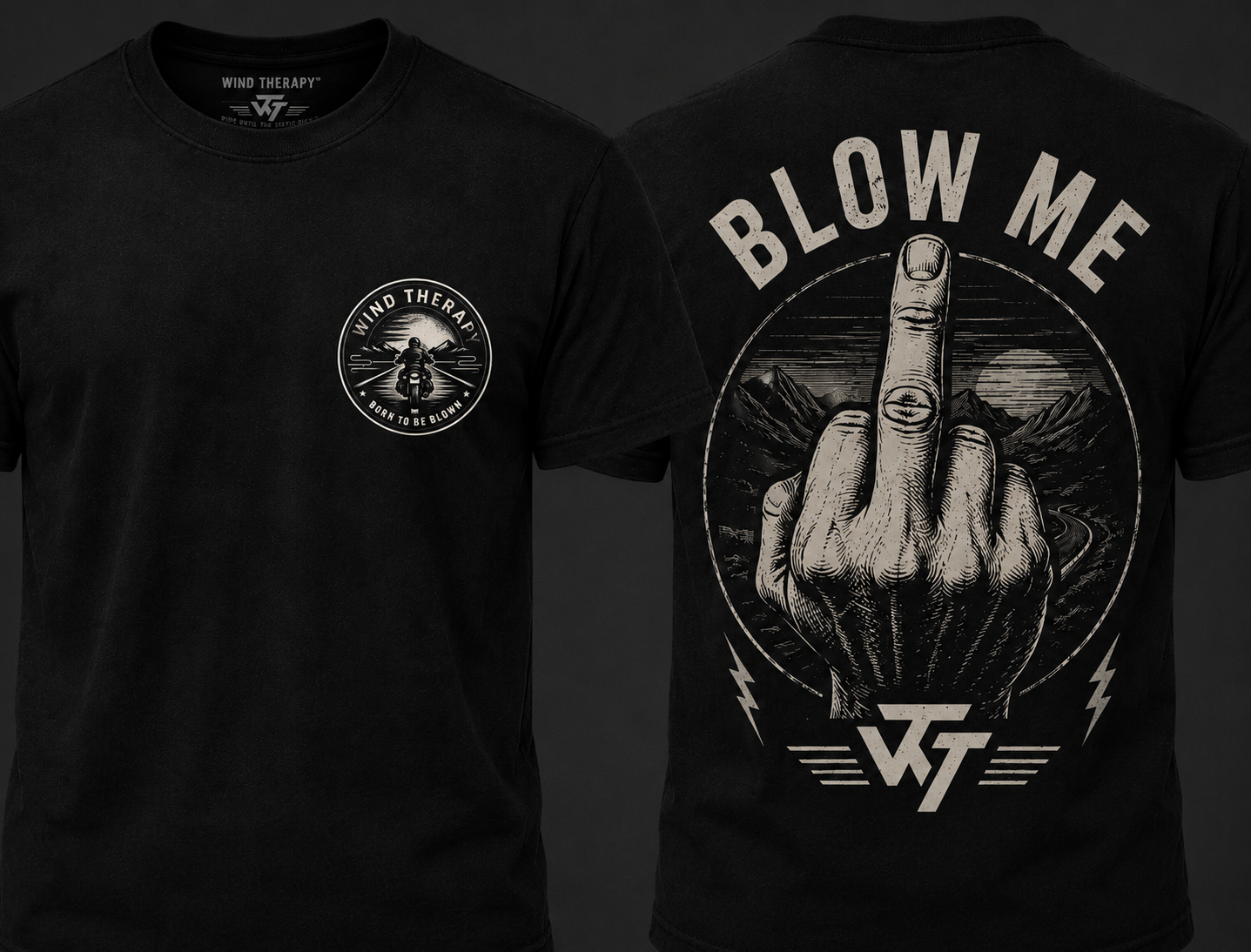 Wind Therapy Blow Me monochrome black tee