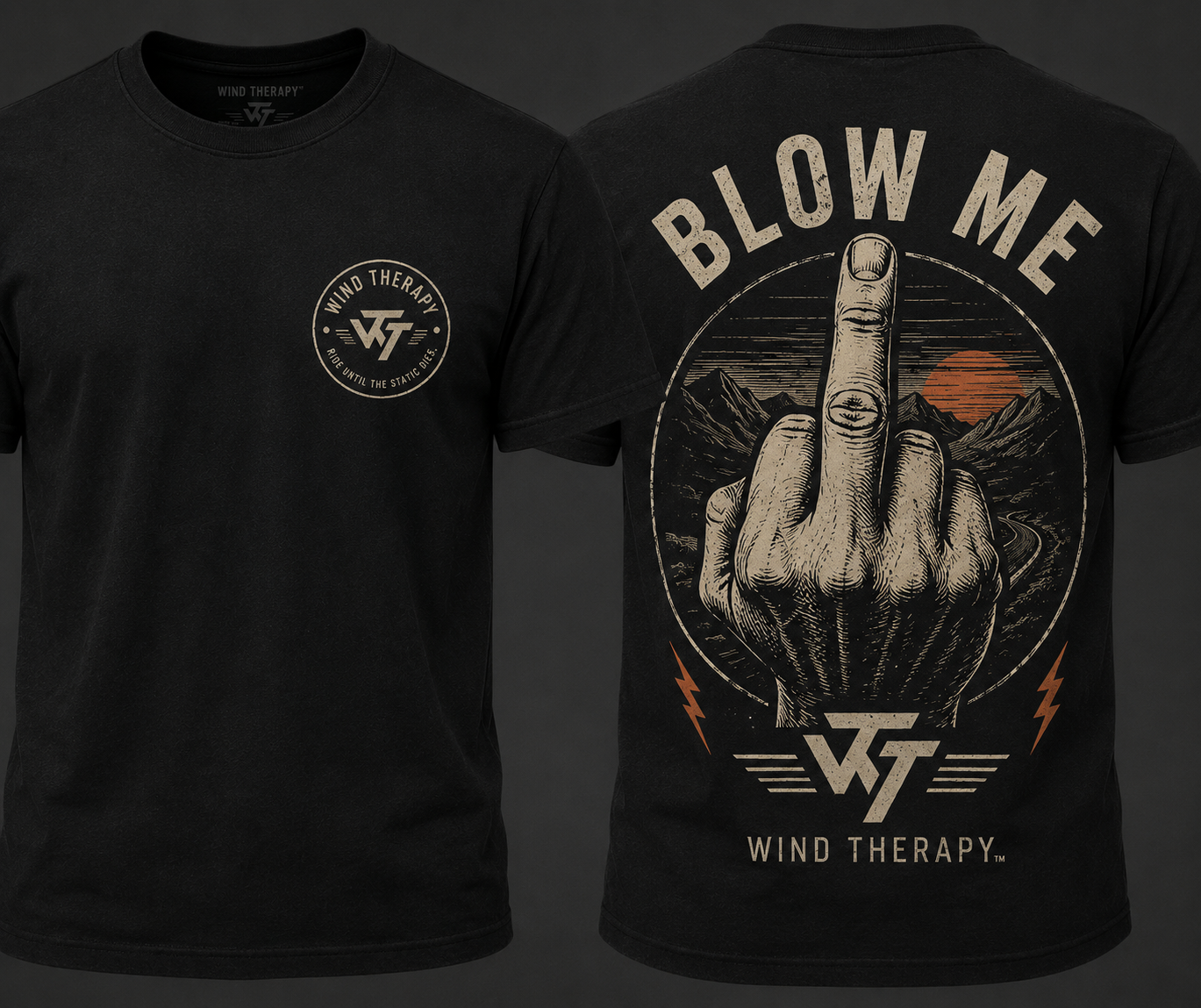 Wind Therapy Blow Me black tee with cream and orange back print