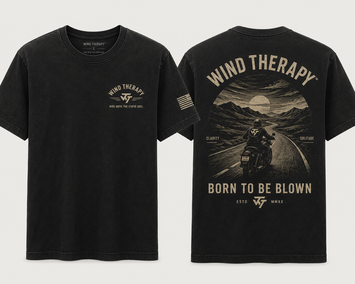 Wind Therapy Born To Be Blown black tee front and back